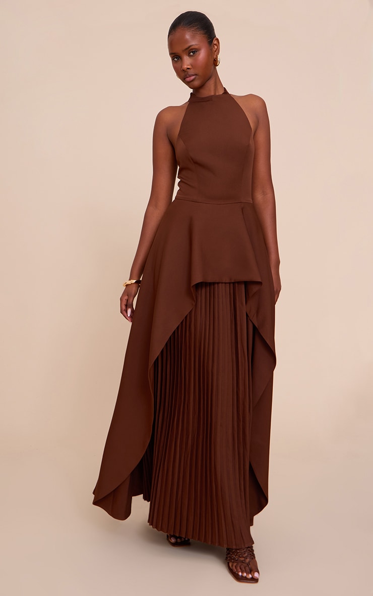 Chocolate Woven Halterneck Pleated Underlay Maxi Dress image 1