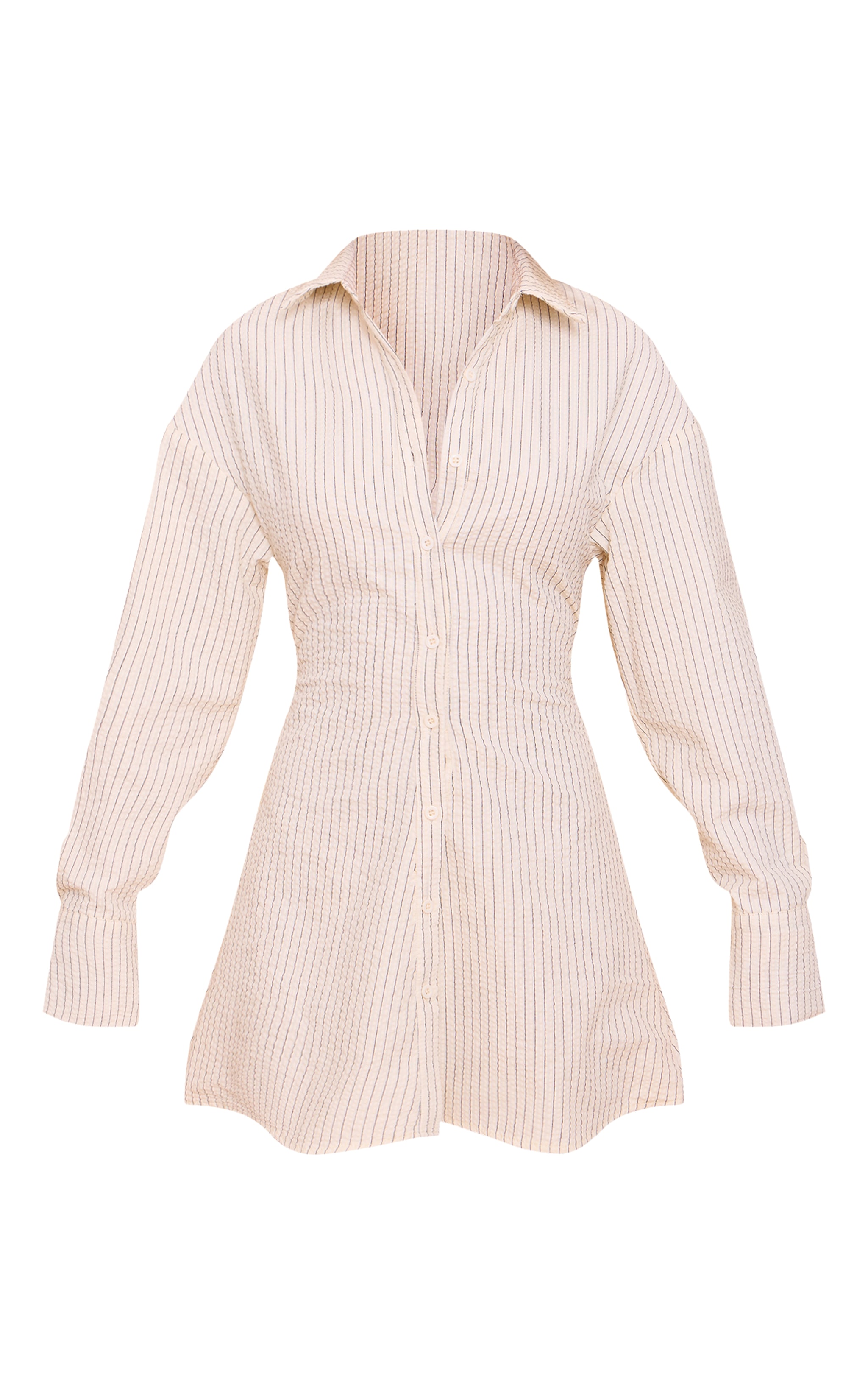 Petite Cream Pinstripe Seersucker Cinched Waist Shirt Dress image 5