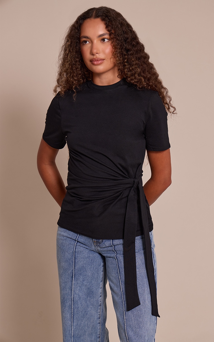 Tall Black Cotton Tie Detail Oversized T Shirt image 1