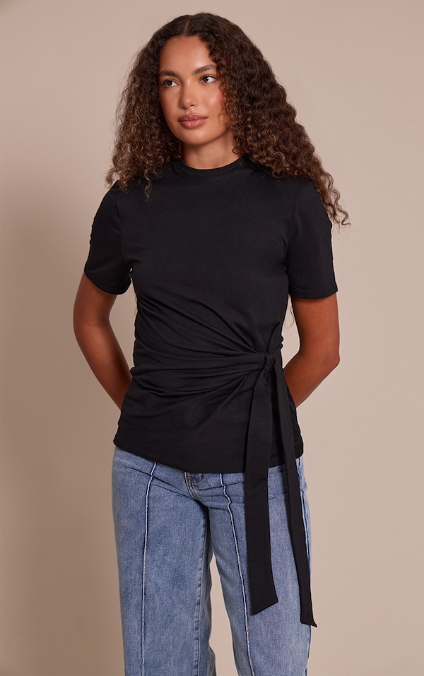 Tall Black Cotton Tie Detail Oversized T Shirt