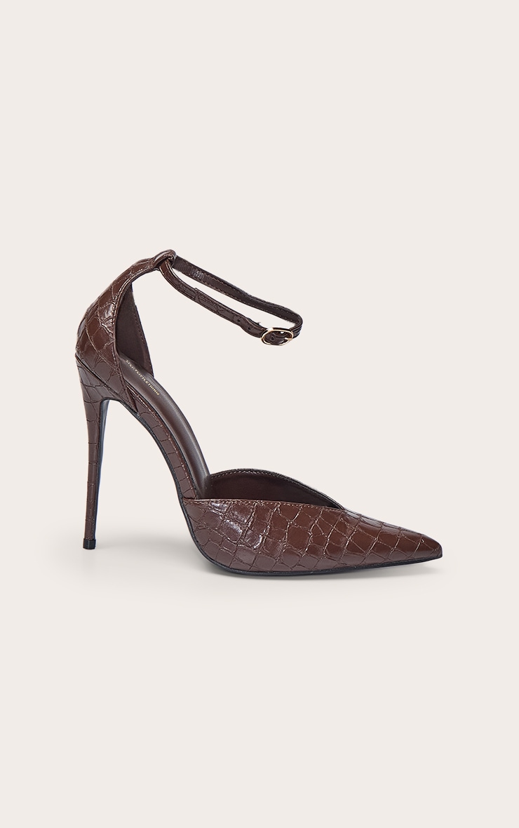 PLT Label Chocolate Brown Faux Croc Point Toe High Heeled Court Shoes image 1
