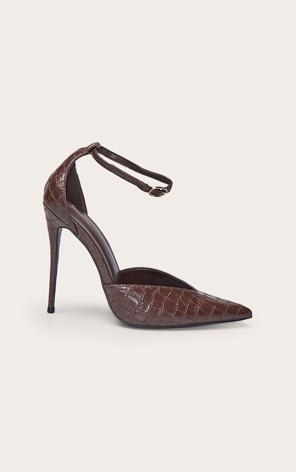 PLT Label Chocolate Brown Faux Croc Point Toe High Heeled Court Shoes