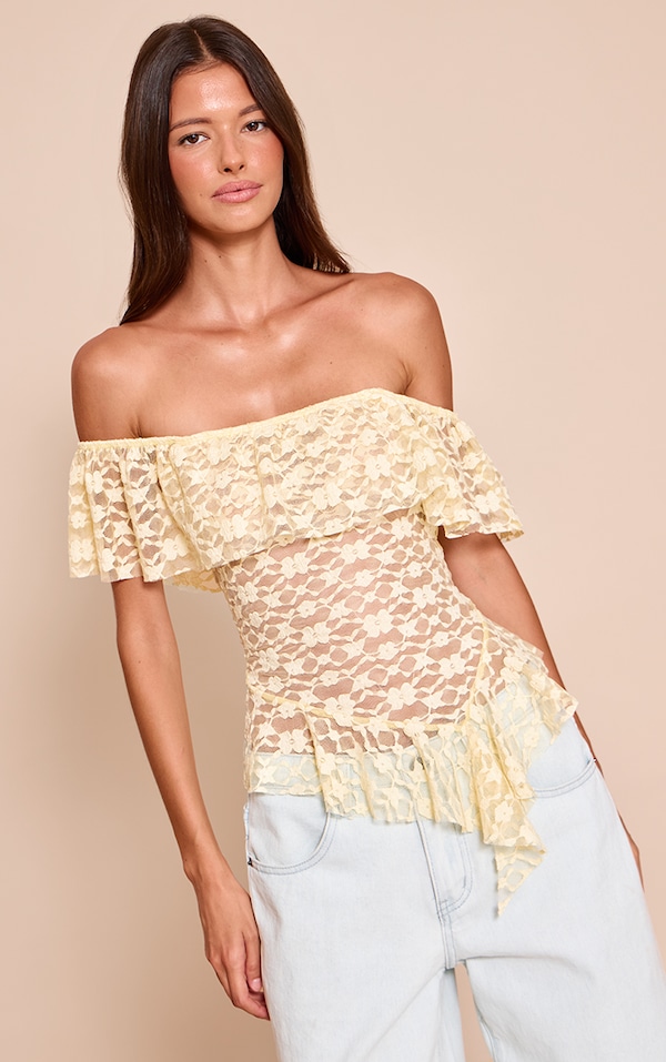 Lemon Textured Lace Ruffle Drape Detail Long Top