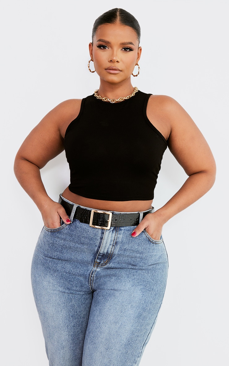 Plus Black Racer Neck Crop Top image 3