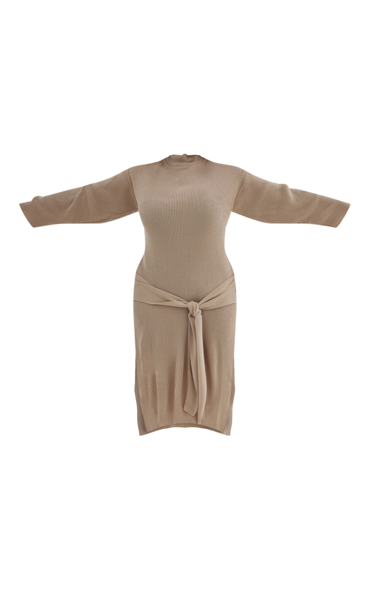 Plus Beige Tie Front Knitted Midi Dress image 5