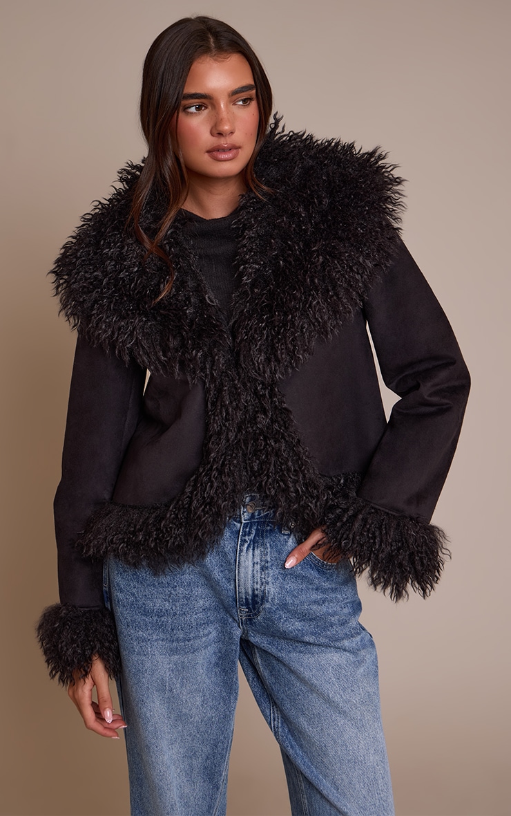 Black Faux Suede Trim Detail Coat