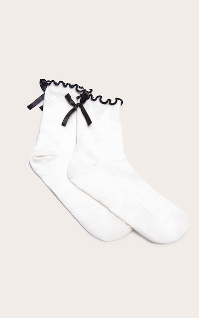 White Satin Bow Lettuce Trim Ankle Socks