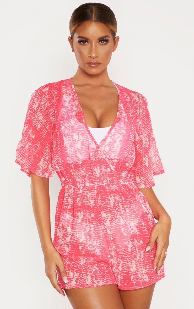 Combishort de plage imprimé croco rose à taille élastique et col V