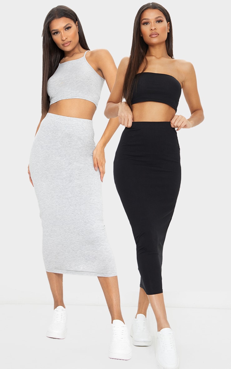 PLT Essentiel - Lot de 2 jupes mi-longues en jersey grise et noire