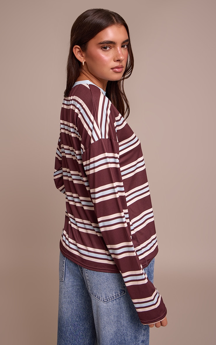 Burgundy Stripe Crew Neck Long Sleeve Top image 2