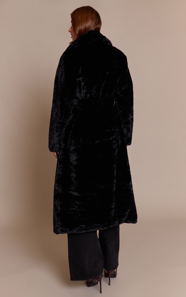 Manteau long en fausse fourrure noire à taille nouée image 2