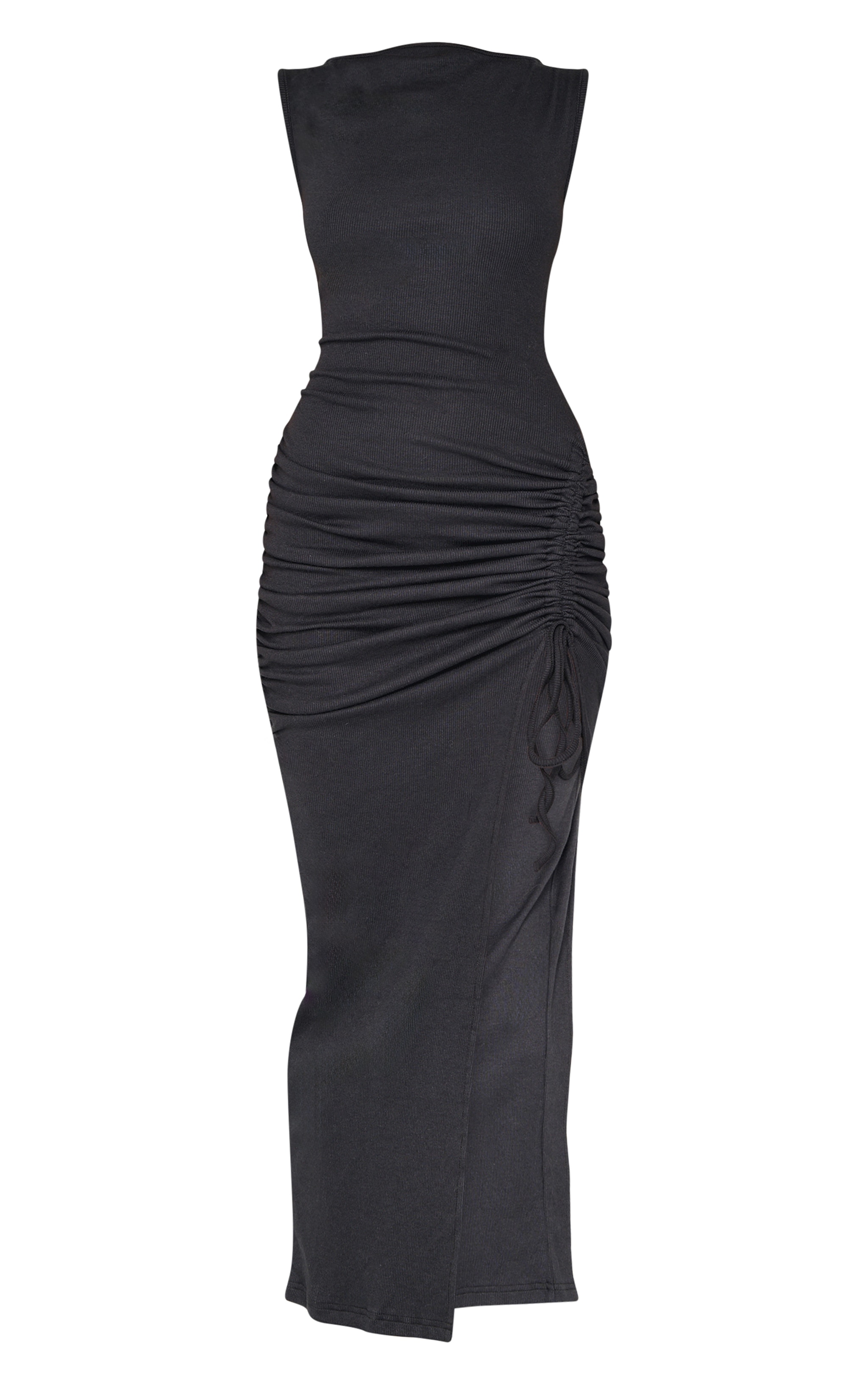Robe longue froncée noire sans manches à fente sur le côté image 5