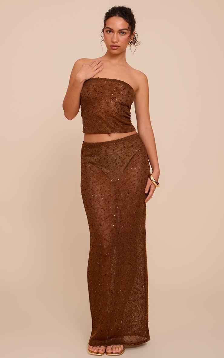Chocolate Textured Sequin Maxi Skirt image 1