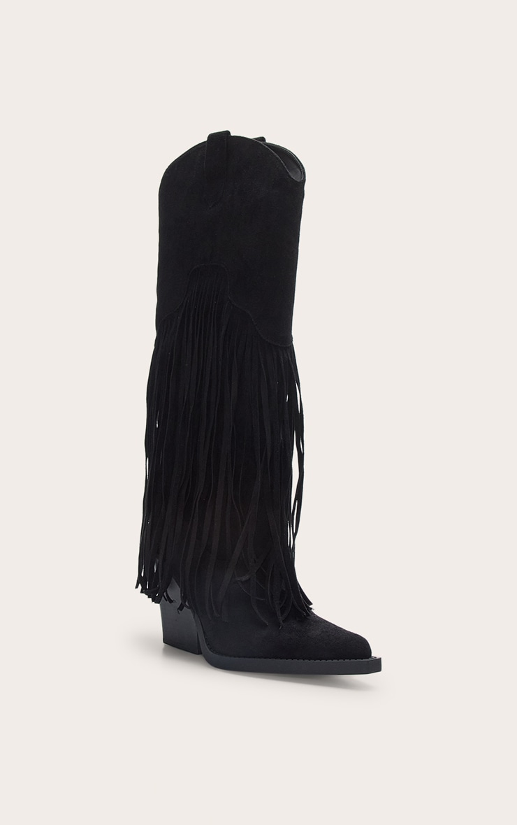 Santiags hautes ponitues en suédine noire à talon et franges image 3