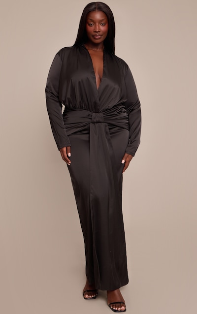 Plus Black Satin Twist Drape Front Maxi Dress