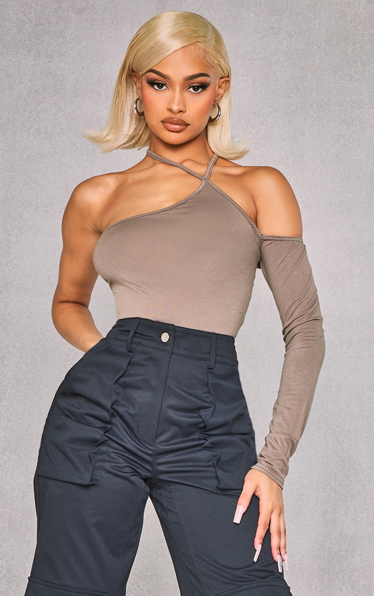 Mocha Brown Jersey One Shoulder Halter Bodysuit image 1
