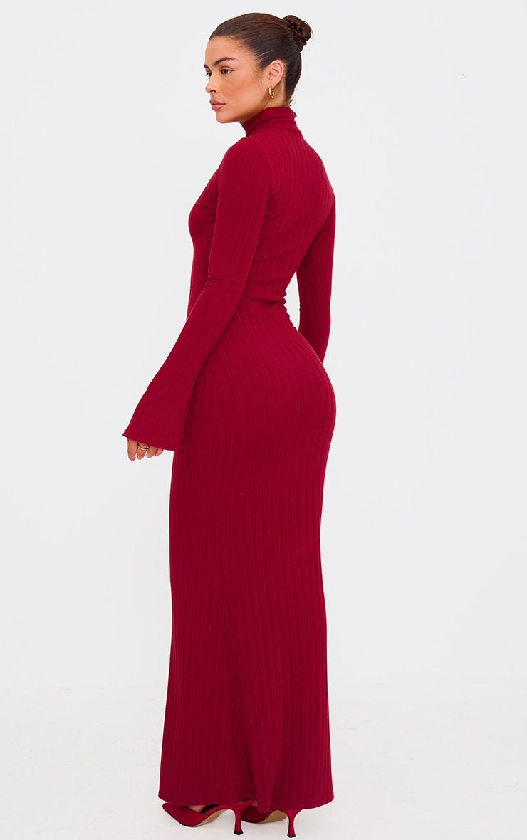 Burgundy Rib High Neck Long Sleeve Maxi Dress image 2
