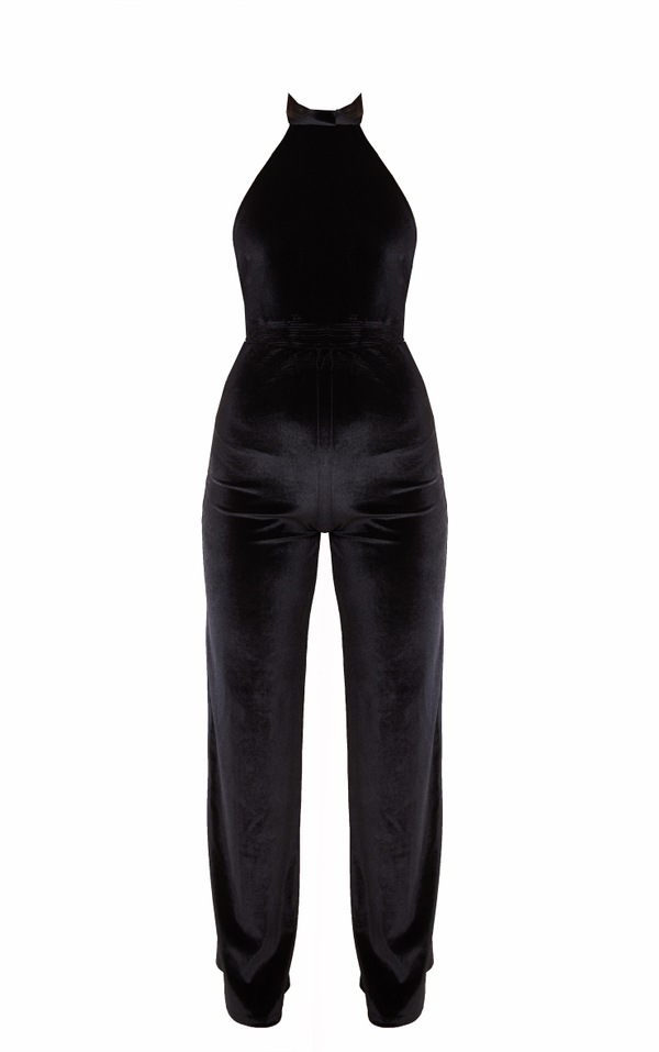 Black High Neck Diamante Back Detail Velvet Jumpsuit image 1