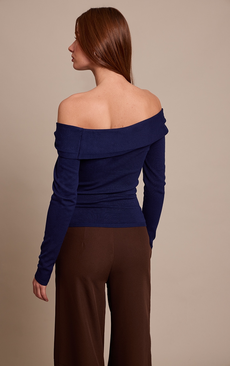 Top en maille tricot bleu marinee à épaules torsadéess et manches longues image 2