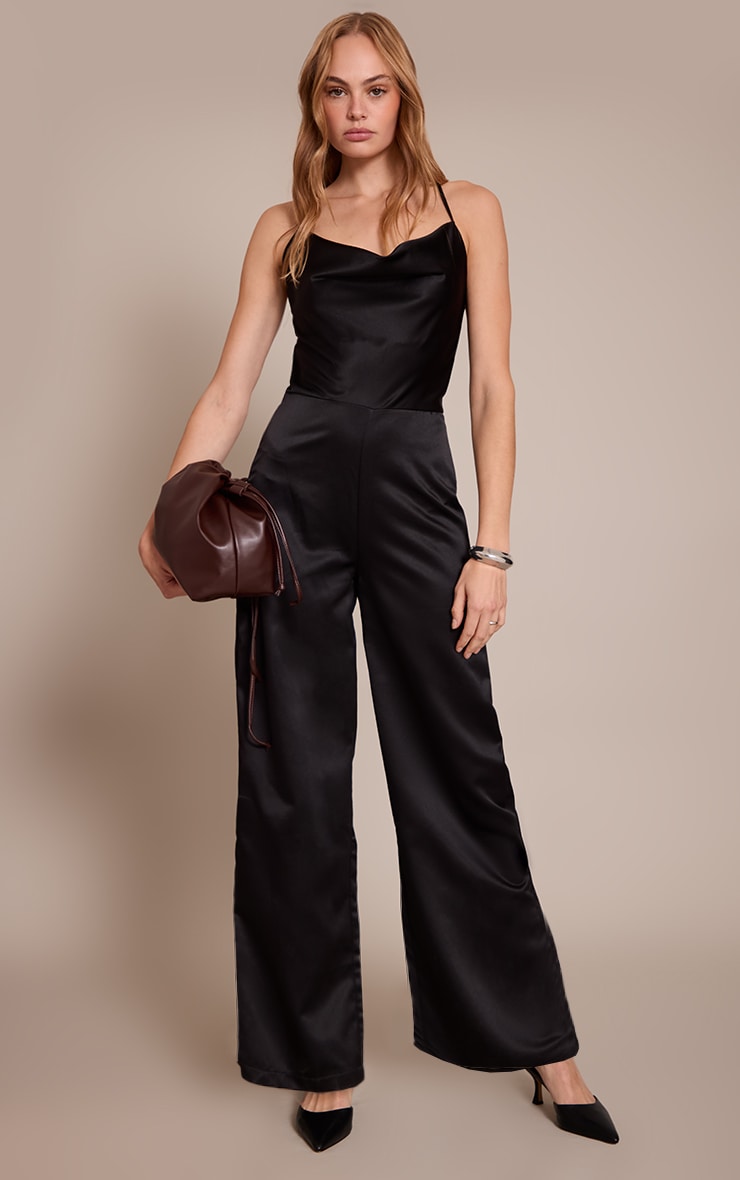 Black Satin Cowl Cross Back Jumpsuit | Dresses | PLT CA