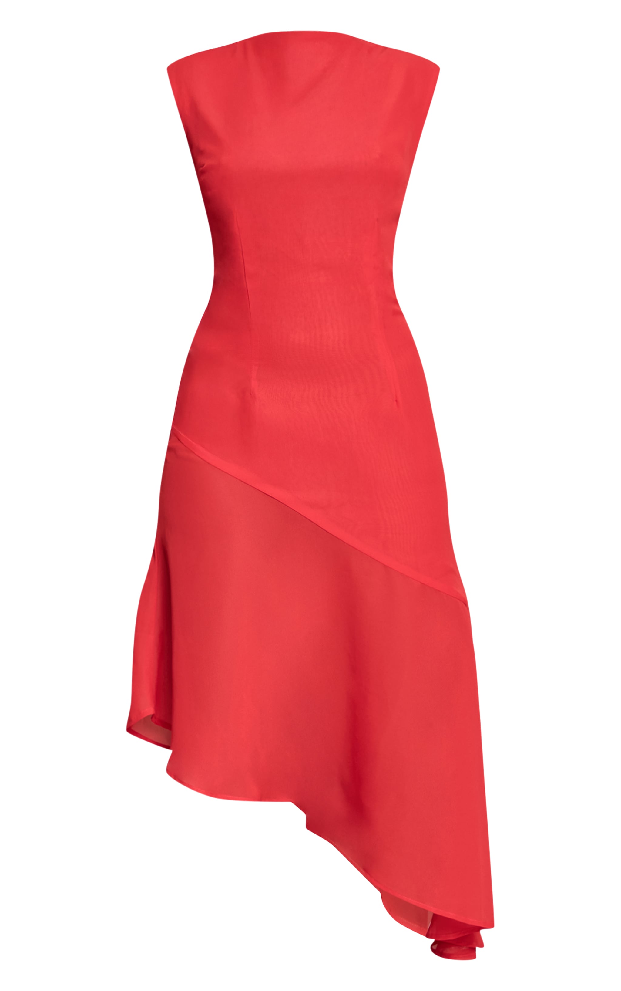 Robe mi-longue asymétrique en mousseline de soie rouge à col bateau image 5