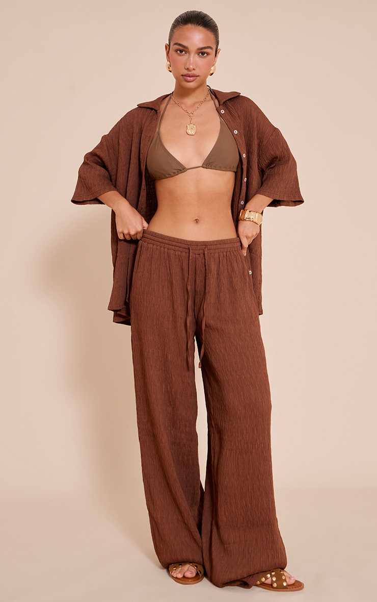 Dark Brown Textured Woven Oversized Short Sleeve Shirt image 3