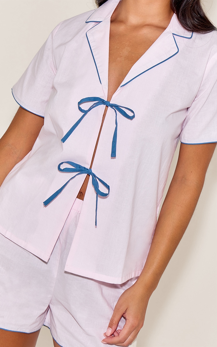 Pale Pink Tie Front Frill Collar Detail Short Pj Set image 4