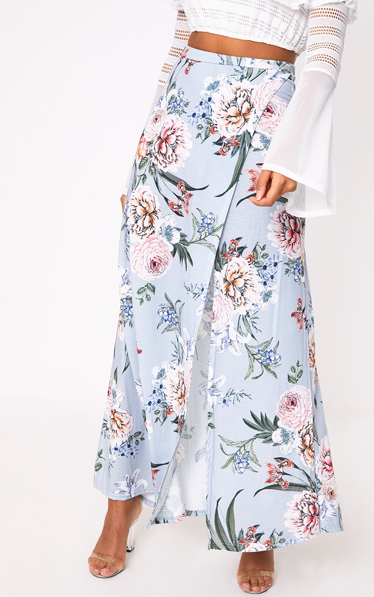 Baby Blue Floral Wrap Maxi Skirt Skirts PrettyLittleThing