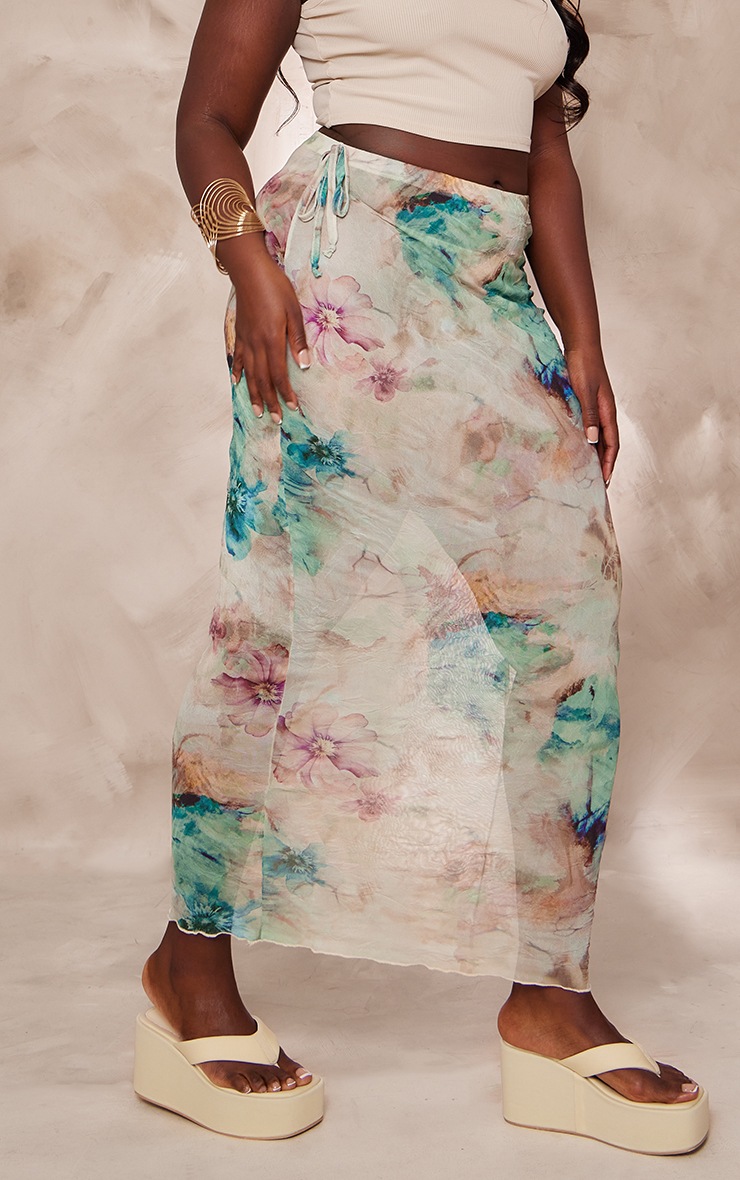 Plus Blue Tie Dye Print Crinkle Maxi Skirt image 2