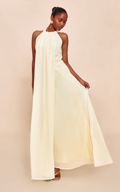 Robe longue en mousseline de soie jaune citron très plissée