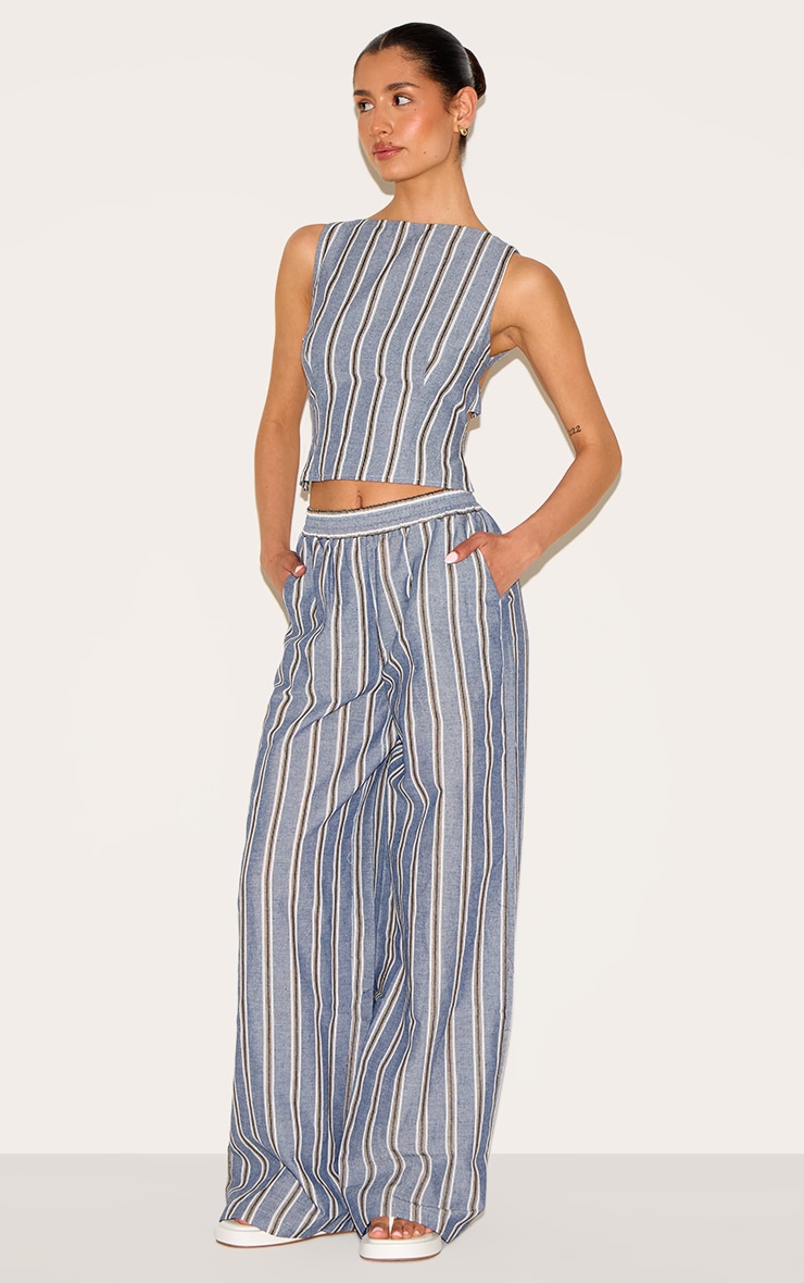 Tall Blue Linen Striped Open Back Sleeveless Top | Tall