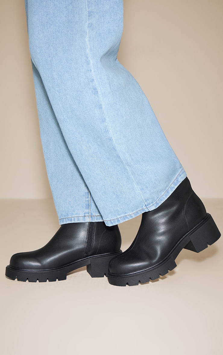 Wide Fit Black Chunky Cleated Sole Dipped Ankle Boot image 1