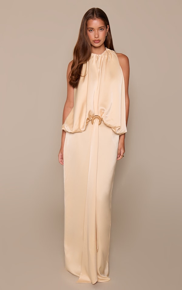 Lemon Satin Ruched Bodice Trim Detail Maxi Dress