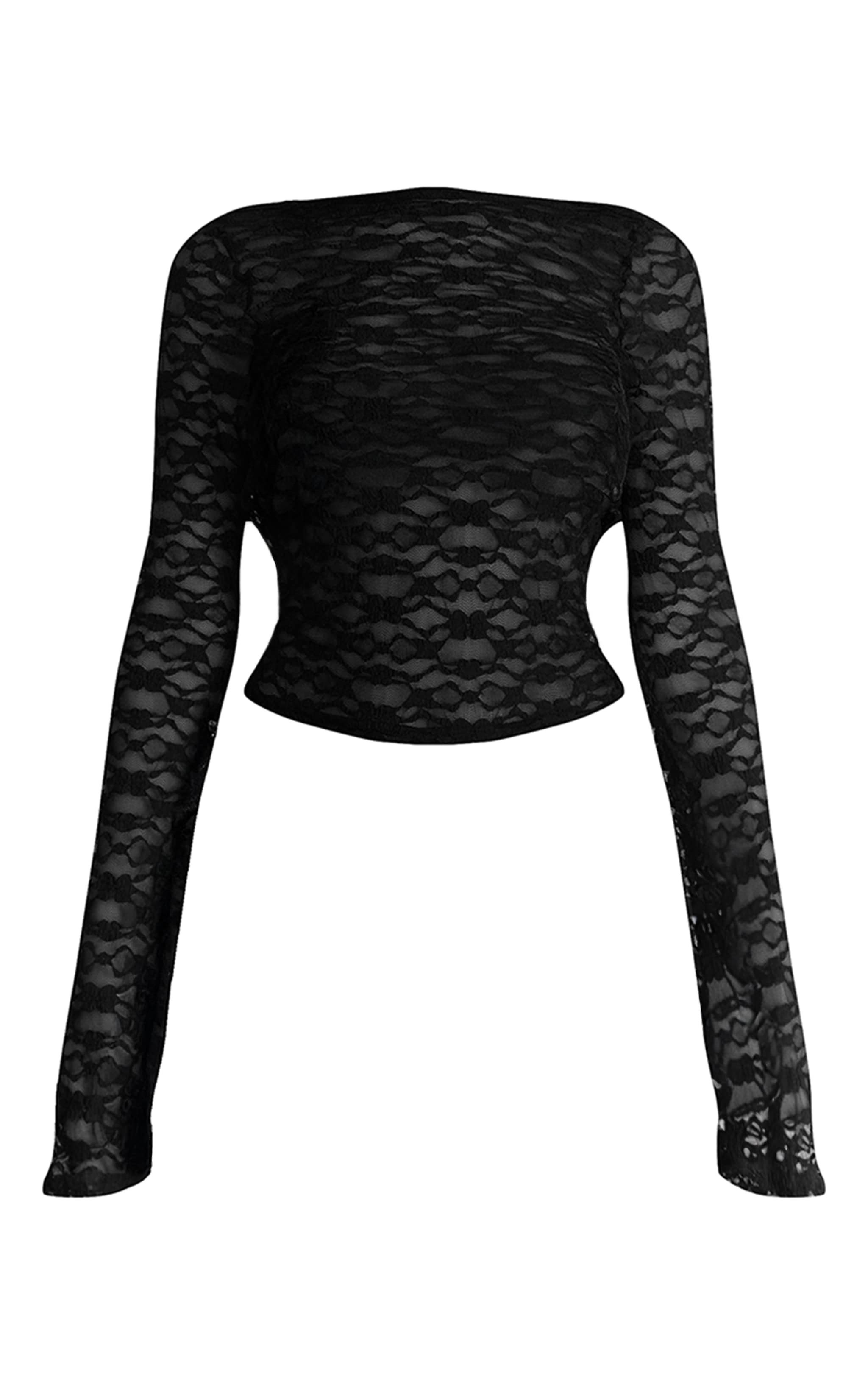 Black Textured Lace Cowl Back Flared Long Sleeve Top image 5