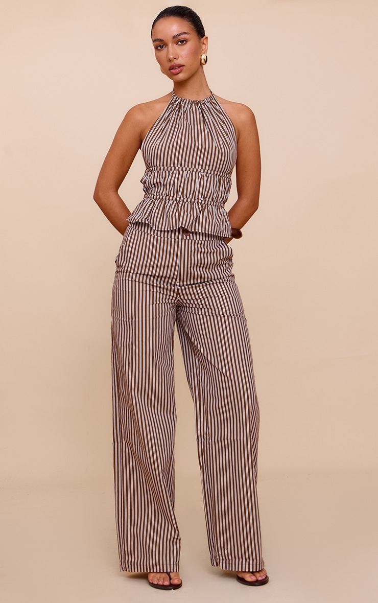 Brown Stripe Woven Mid Rise Wide Leg Pant image 1
