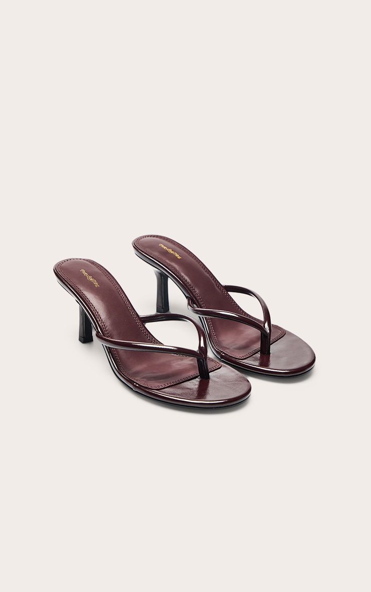 Chocolate Plum Patent PU Round Toe Thong Mid Heeled Mules image 3