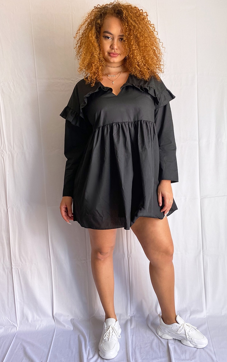 Plus Black Woven V Neck Frill Detail Smock Dress