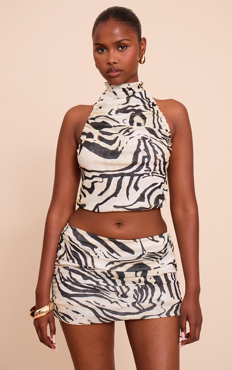 Cream Zebra Print Onion Skin Ruched Halter Crop Top image 4
