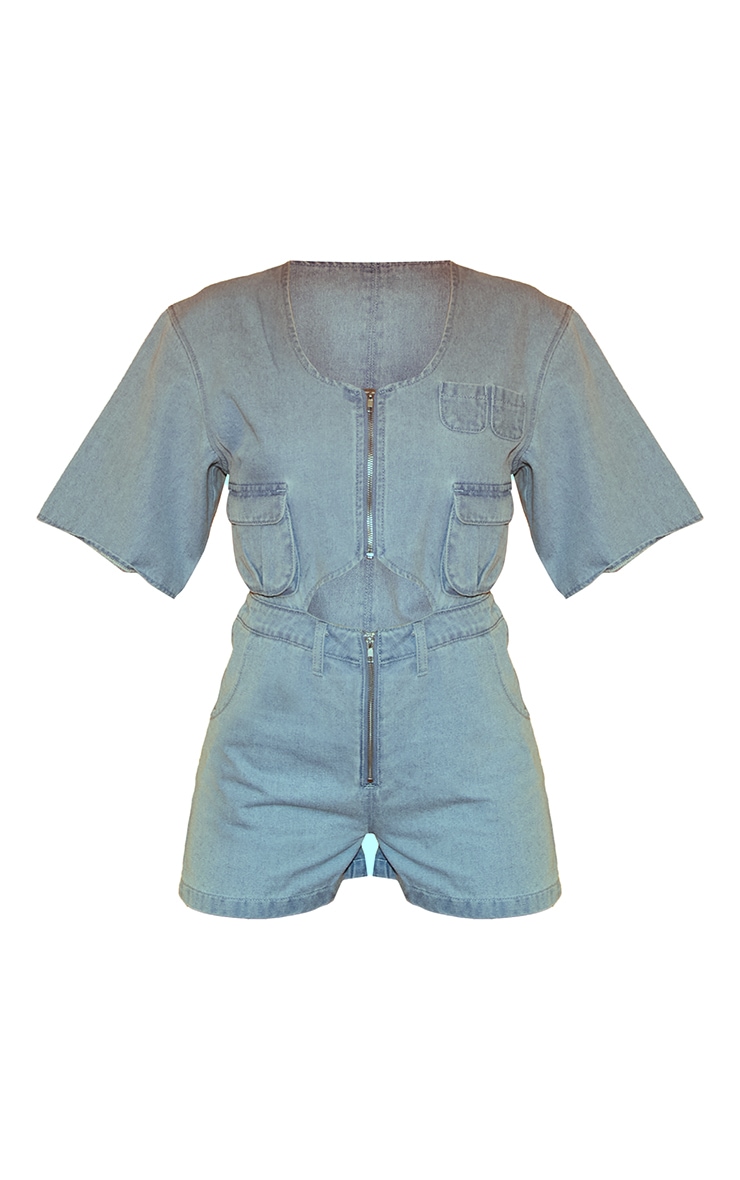 Light Blue Utility Cut Out Waist Denim Romper image 5