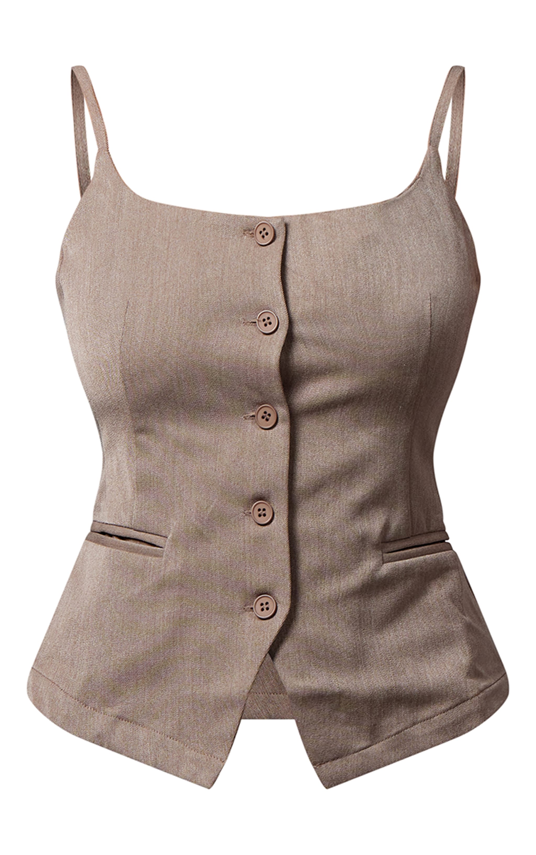 Premium Taupe Woven Button Up Detail Tailored Top image 5
