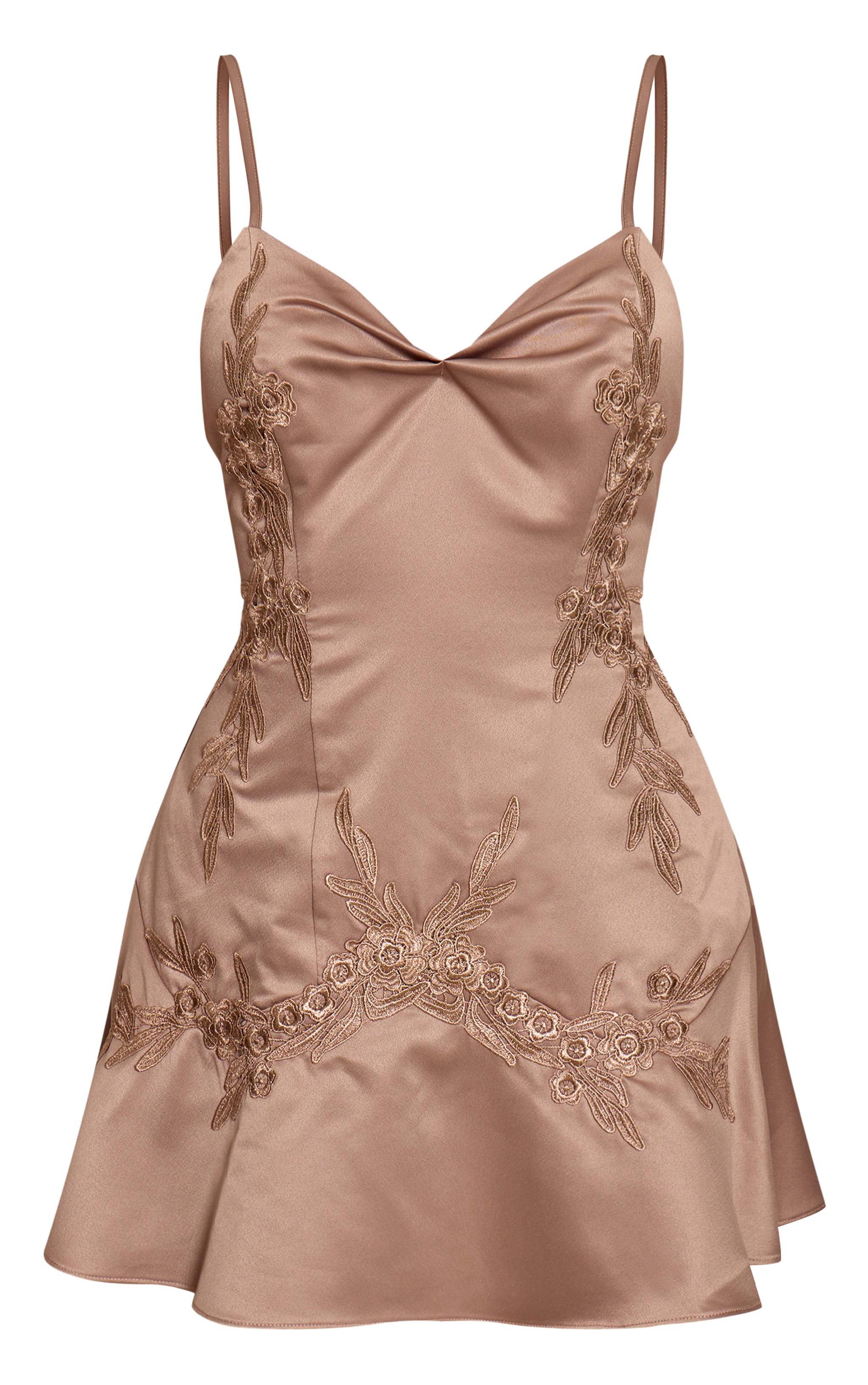 Light Brown Satin Embroired Mini Shift Dress image 5