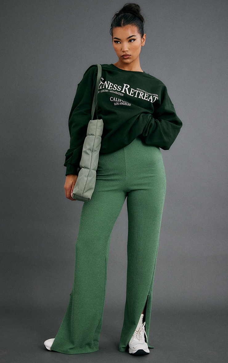 Sea Green Crinkle Rib High Waist Wide Leg Trousers