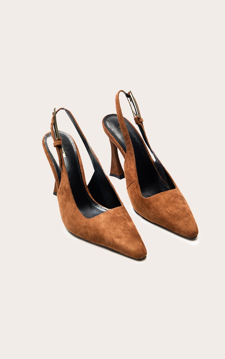 Tan Faux Suede Gold Buckle High Stiletto Court Heels image 3