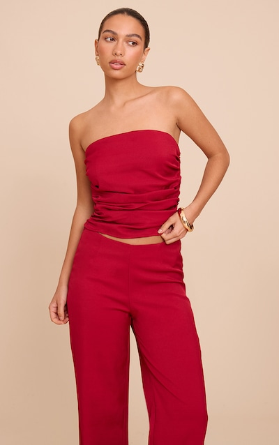 Top bustier de tailleur tissé rouge froncé