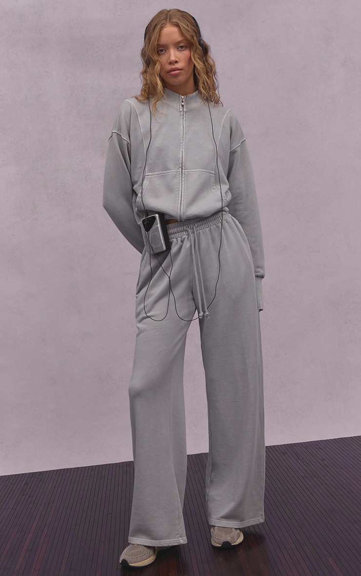 Ash Grey Acid Wash Funnel Neck Zip Sweatshirt | Athleisure | PLT USA