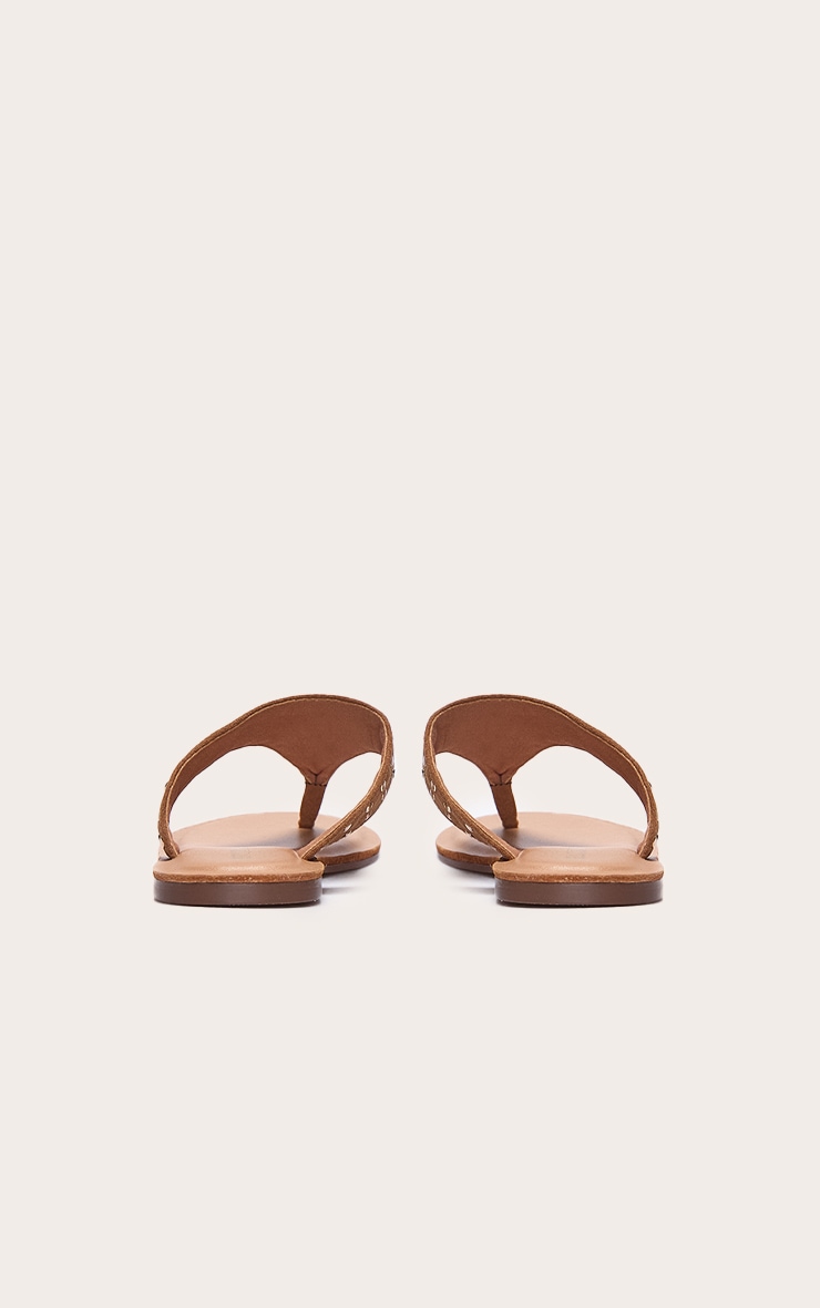 Tan Faux Suede Stud Detail Toe Thong Flat Sandals image 3