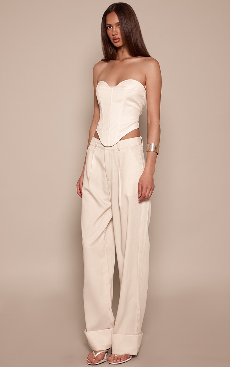 Cream Woven Oversized Turn Up Hem Straight Leg Pants image 2