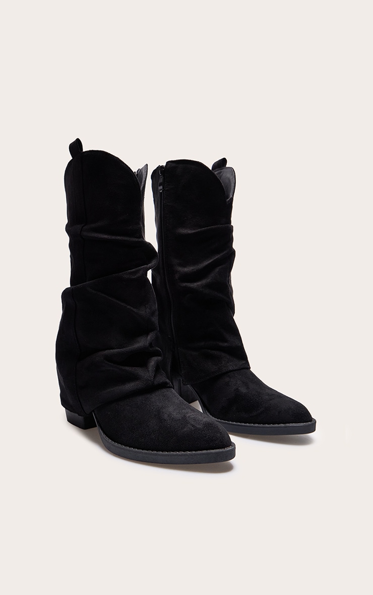 Black Faux Suede Point Toe Slouchy Fold Over Calf High Western Boots image 2