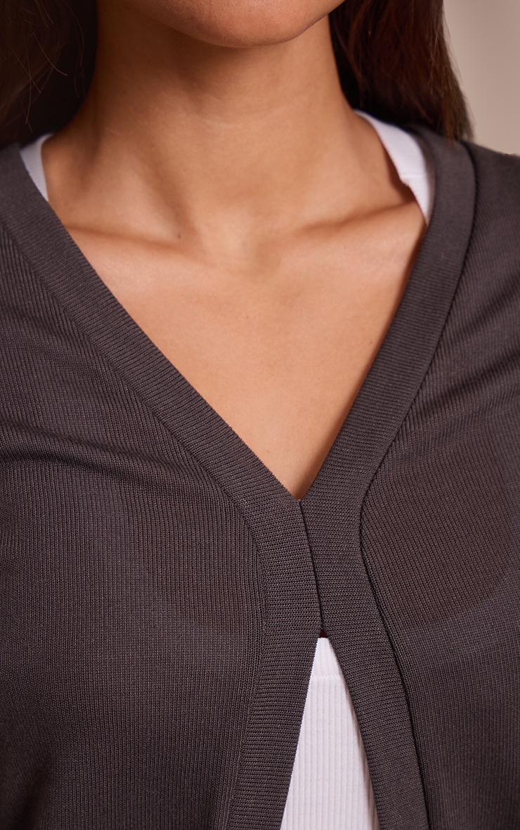 Charcoal Rib V Neck Long Sleeve Top image 4