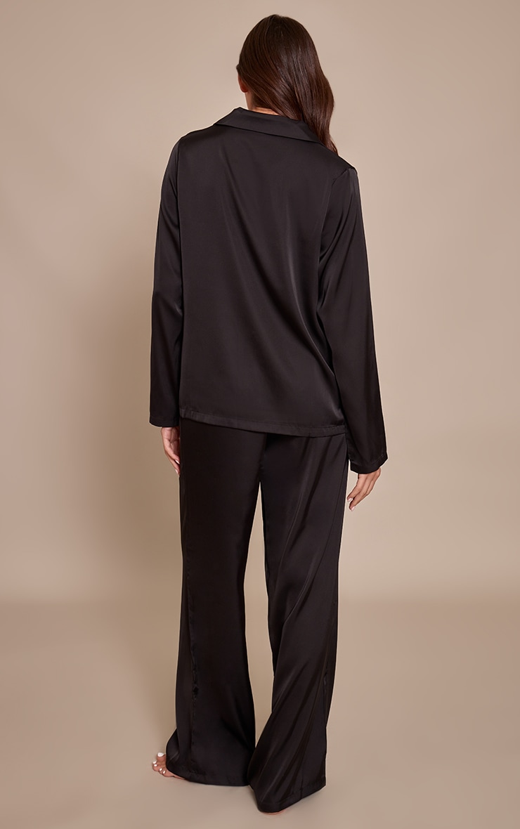 Black Satin Long Sleeve Button Down Shirt PJ Set image 2